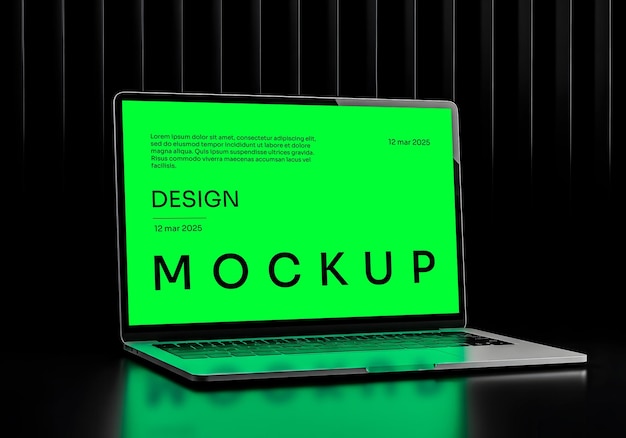 Laptop con maquillaje de pantalla verde en superficie negra