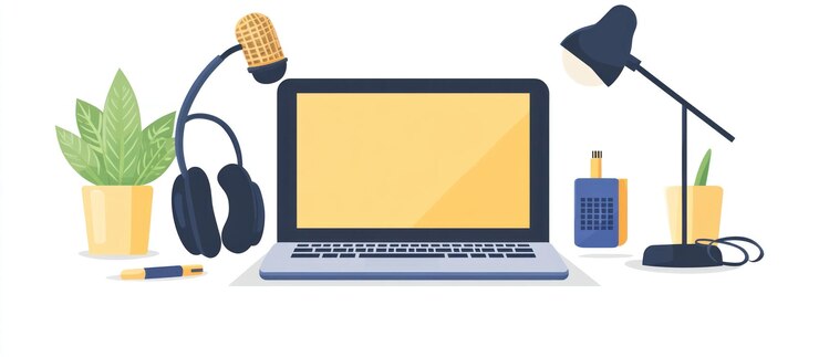 PSD laptop micrófono auriculares lámpara de escritorio planta y bolígrafo en una mesa