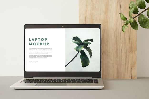 Laptop minimalista na mesa e planta