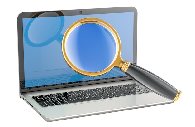 Laptop mit 3D-Rendering mit Lupe auf durchsichtigem Hintergrund