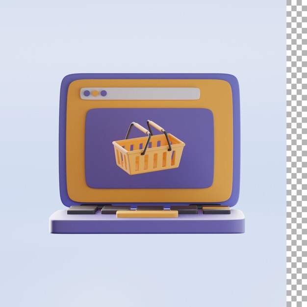 PSD laptop, mit, einkaufskorb, 3d, icon