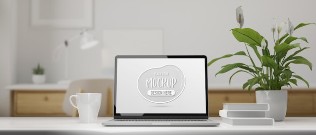 Laptop mit Modellbildschirm auf weißem Tisch mit Büchern Blumentopf und Becher 3D-Rendering