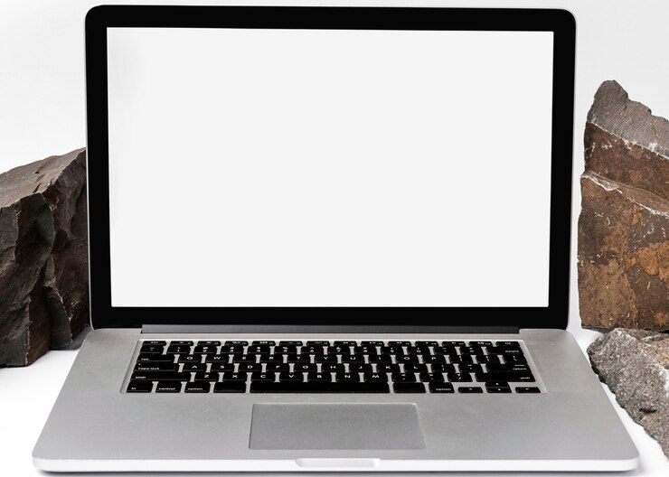 PSD laptop mock-up with rugged rocks