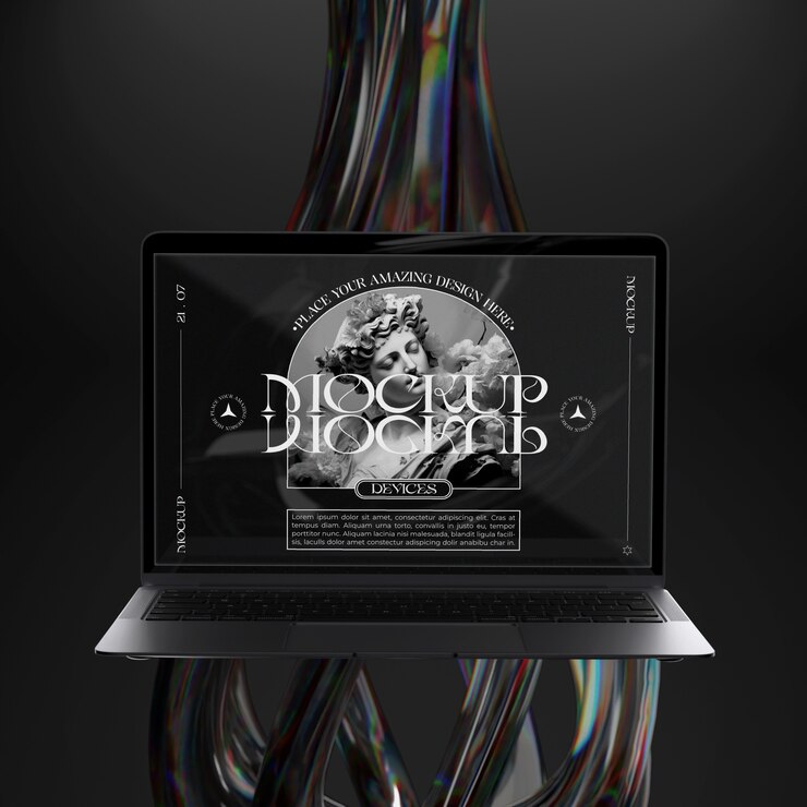 PSD laptop-mockup in der nähe eines glasobjekts