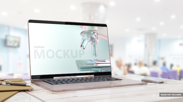 PSD laptop mockup no balcão de serviço com fundo desfocado