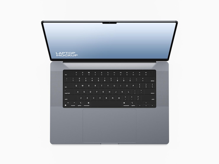 PSD laptop mockup with a blank screen isolated on white background
