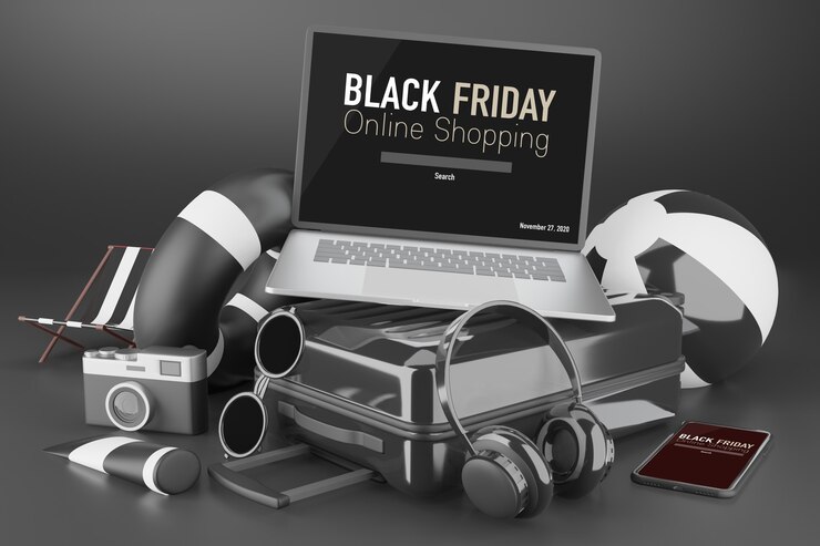 PSD laptop mockup with travel luggage in 3d rendering