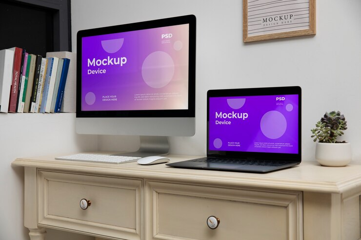 PSD laptop y monitor externo en el escritorio