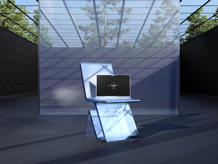 PSD laptop on a futuristic glass chair in a modern space