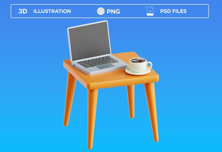 PSD laptop on the table with coffee 3d icon render