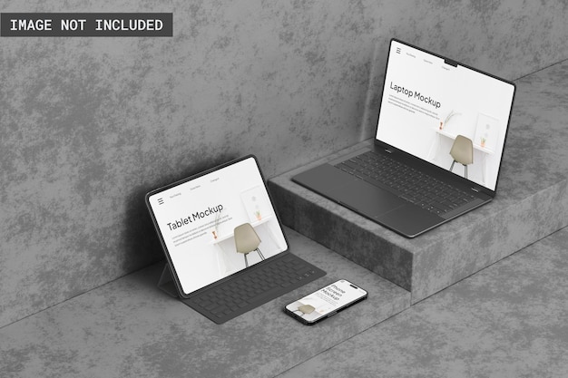 PSD laptop phone y tablet mockup en el piso de concreto