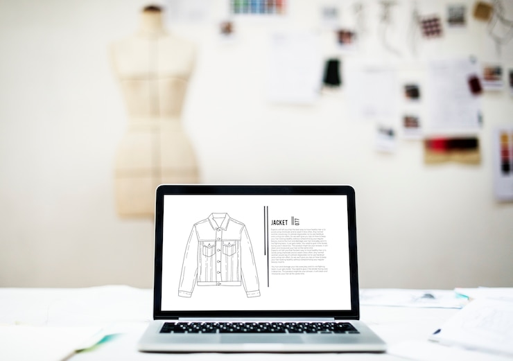 PSD una laptop con un plan de diseño de la chaqueta