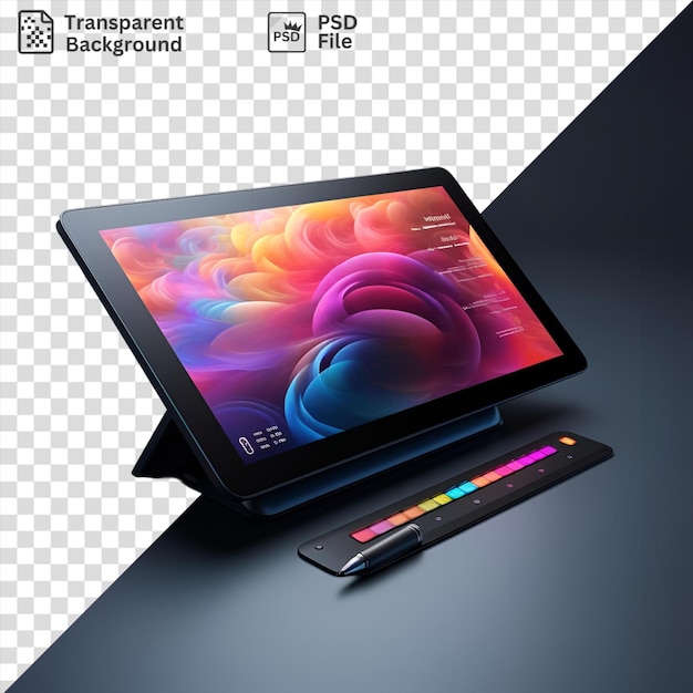 Laptop premium com teclado preto e tela colorida em mesa preta acompanhada de uma caneta preta
