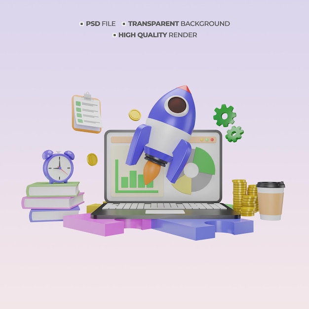Laptop PSD 3D com um conceito de startup de negócios de lançamento de foguetes