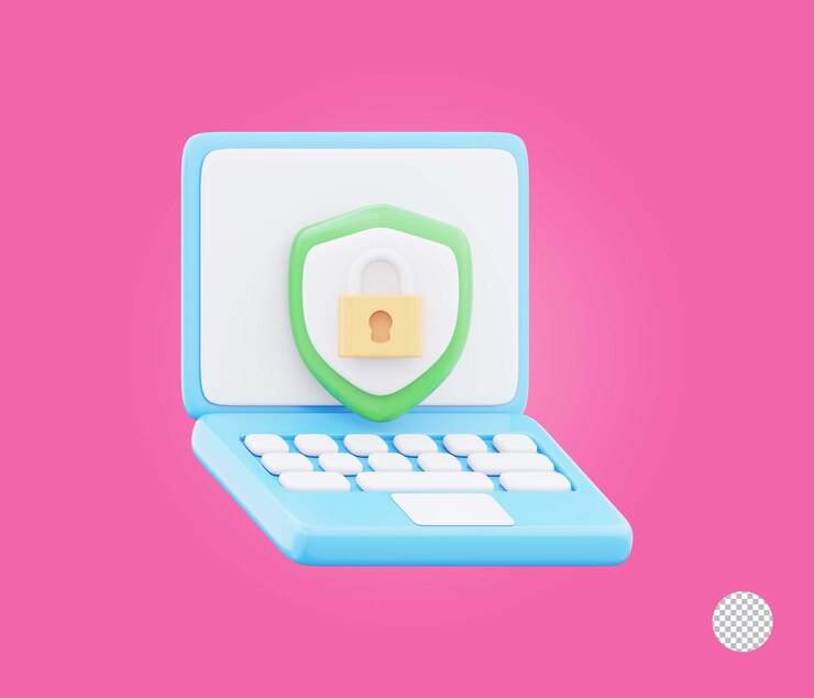 PSD laptop que muestra un candado de escudo que representa el icono de protección de seguridad de datos ilustración de renderización 3d