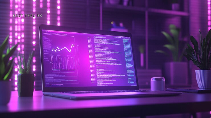 PSD laptop que muestra código y gráfico del mercado de valores en una habitación débilmente iluminada