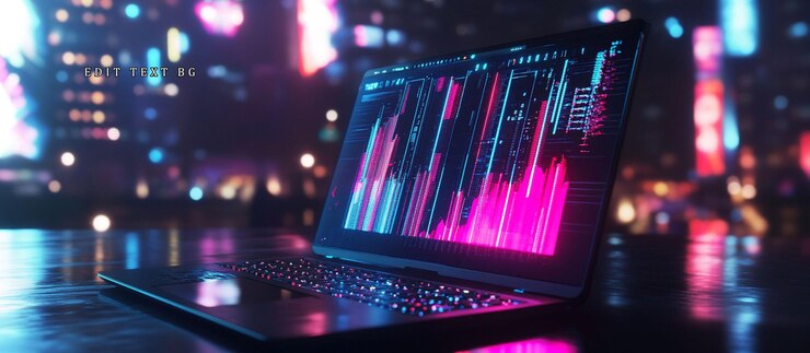 PSD laptop que muestra datos del mercado de valores por la noche