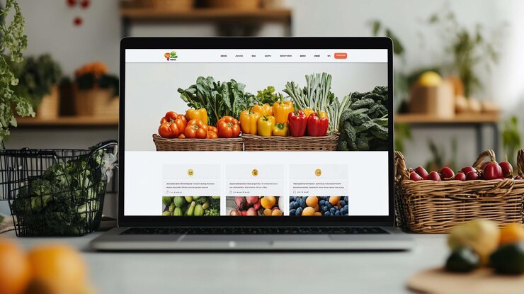 PSD laptop que muestra un sitio web para compras de comestibles en línea con productos frescos en cestas