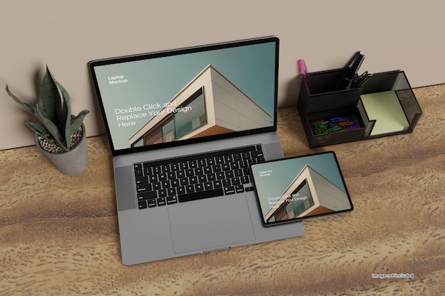 PSD laptop realista com maquete do tablet pro