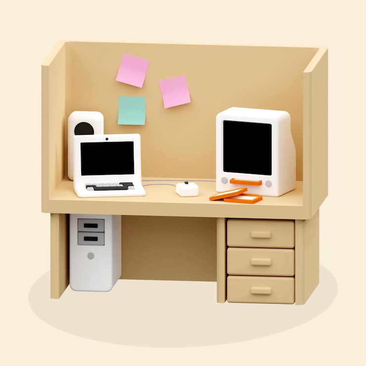 PSD laptop retrô 3d e mesa de trabalho de computador