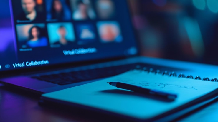 PSD laptop showing a virtual meeting with a notebook and pen