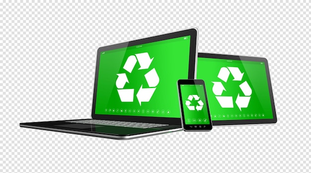 Laptop tablet pc e smartphone com um símbolo de reciclagem na tela conceito de conservação ambiental