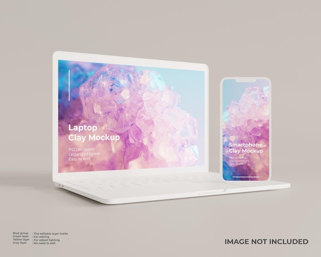 Laptop- und Smartphone-Clay-Mockup für UI-Webdesign