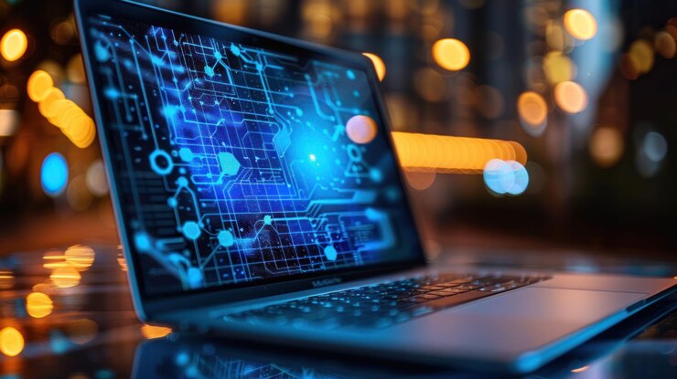 PSD laptop with blue circuit board and glowing lights on screen