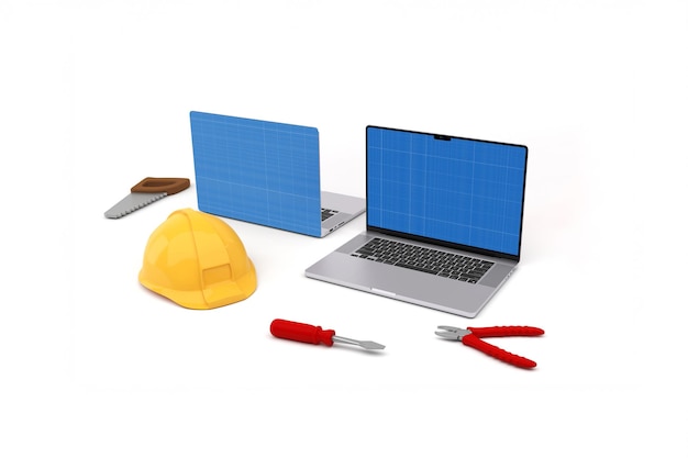 Laptops tools and a helmet