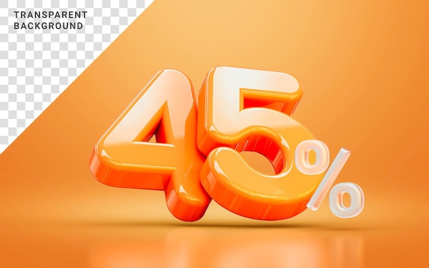 Laranja realista lustroso 45 símbolo de número percentual conceito de renderização 3d desconto de compras sazonal