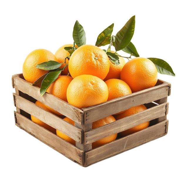 Laranjas frescas numa caixa de madeira