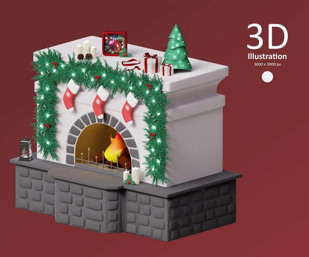 PSD lareira aconchegante com decorações de natal ícone renderizado em 3d