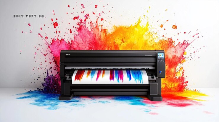 PSD large format printer printing vibrant colorful artwork against a white wall