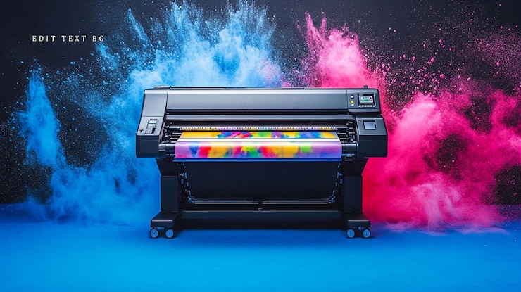 PSD large format printer printing vibrant colorful design amidst blue and pink powder explosion