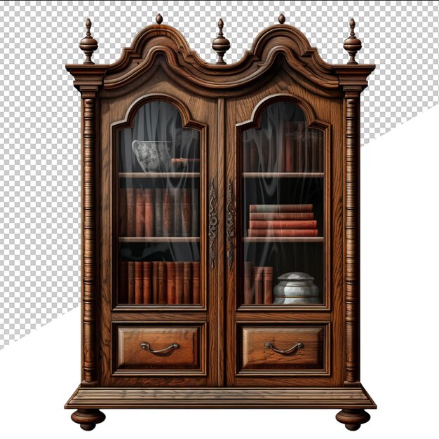 PSD a large wooden cabinet with a white and brown cover with a cup of coffee