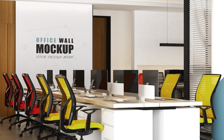 PSD large work space with colorful chairs wall mockup
