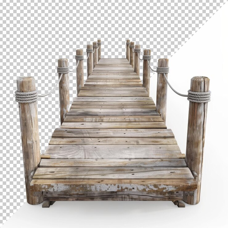 PSD un largo muelle de madera se extiende en el vasto agua abierta en un día brillante con cielos despejados y sin horizonte visible