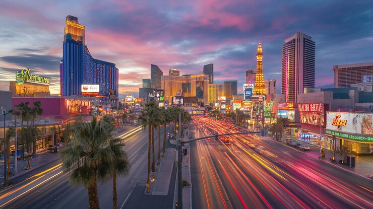 PSD las vegas strip at sunset with blurred motion of traffic