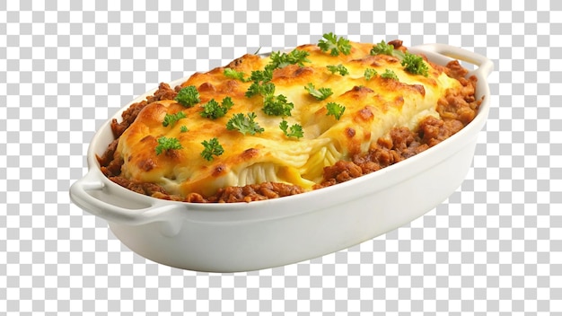 PSD lasagne in einer backschüssel auf einer weißen schüssel, die auf einem durchsichtigen hintergrund isoliert ist