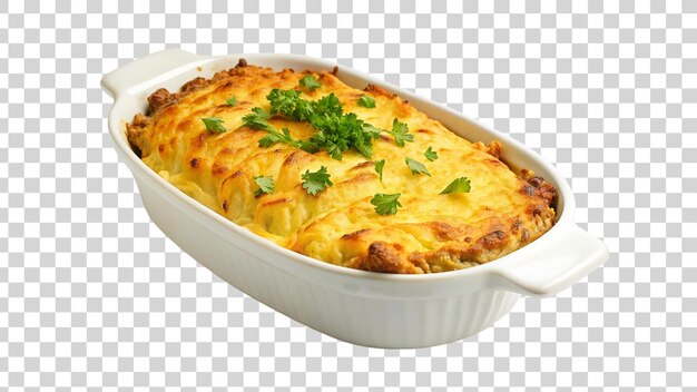 PSD lasagne in einer backschüssel auf einer weißen schüssel, die auf einem durchsichtigen hintergrund isoliert ist