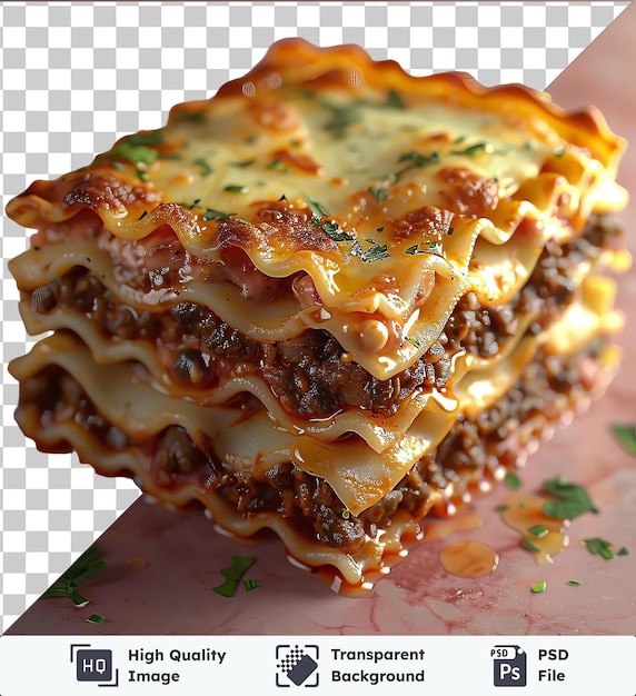 PSD avec des lasagnes de bœuf transparentes sur un fond rose