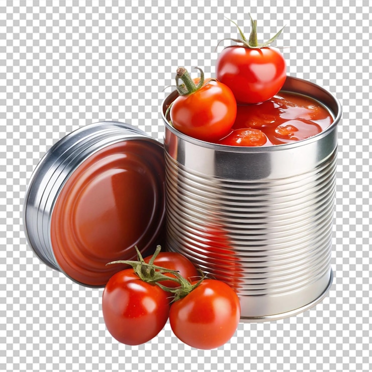 PSD una lata abierta con tomates enlatados aislados sobre un fondo transparente