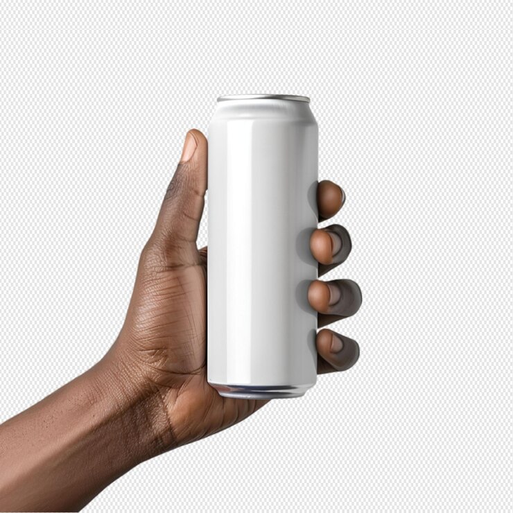 Con una lata de agua en la mano sobre un fondo blanco