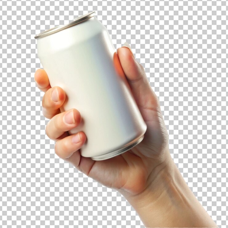 PSD lata de aluminio blanca en la mano png