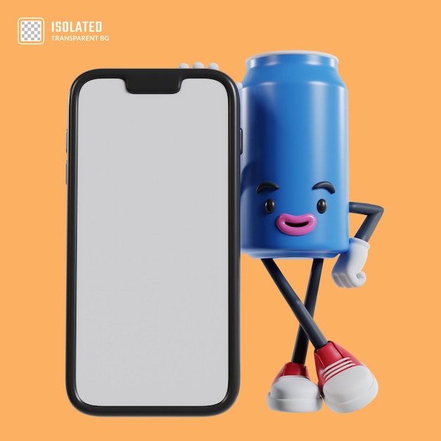 PSD lata azul de personagem de desenho animado de refrigerante ao lado de um telefone grande com as pernas cruzadas