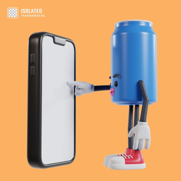 PSD lata azul de personaje de caricatura de refresco tocando la pantalla del teléfono con el dedo índice