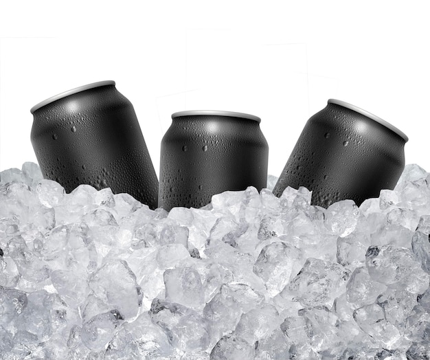 PSD una lata de bebida fría, un cubo de hielo, una bebida refrescante de verano, un fondo transparente.