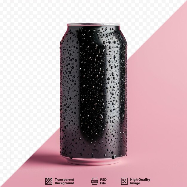 PSD lata de cerveza de aluminio húmedo negro sobre fondo rosa aislado