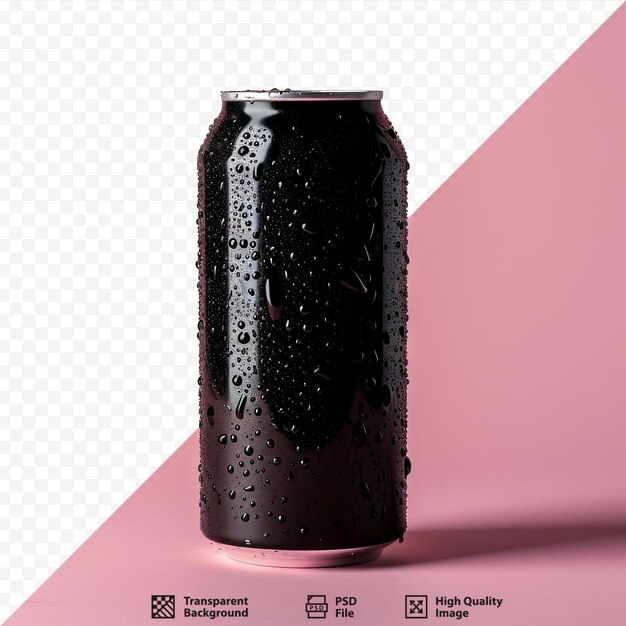 Lata de cerveza de aluminio negra húmeda sobre un fondo aislado rosado