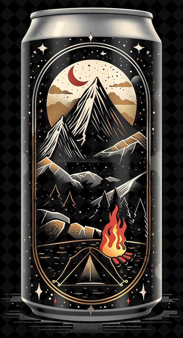 PSD lata de cerveza con etiqueta con un paisaje de montaña ilustración plana detallada diseño de cultura de cerveza
